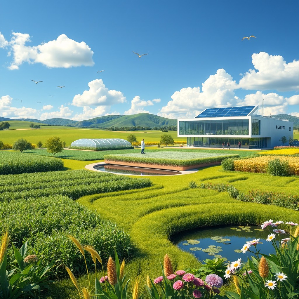 A beautiful landscape design for an agricultural research center, featuring lush green fields, rows of crops like corn and wheat, research greenhouses, and innovative farming equipment