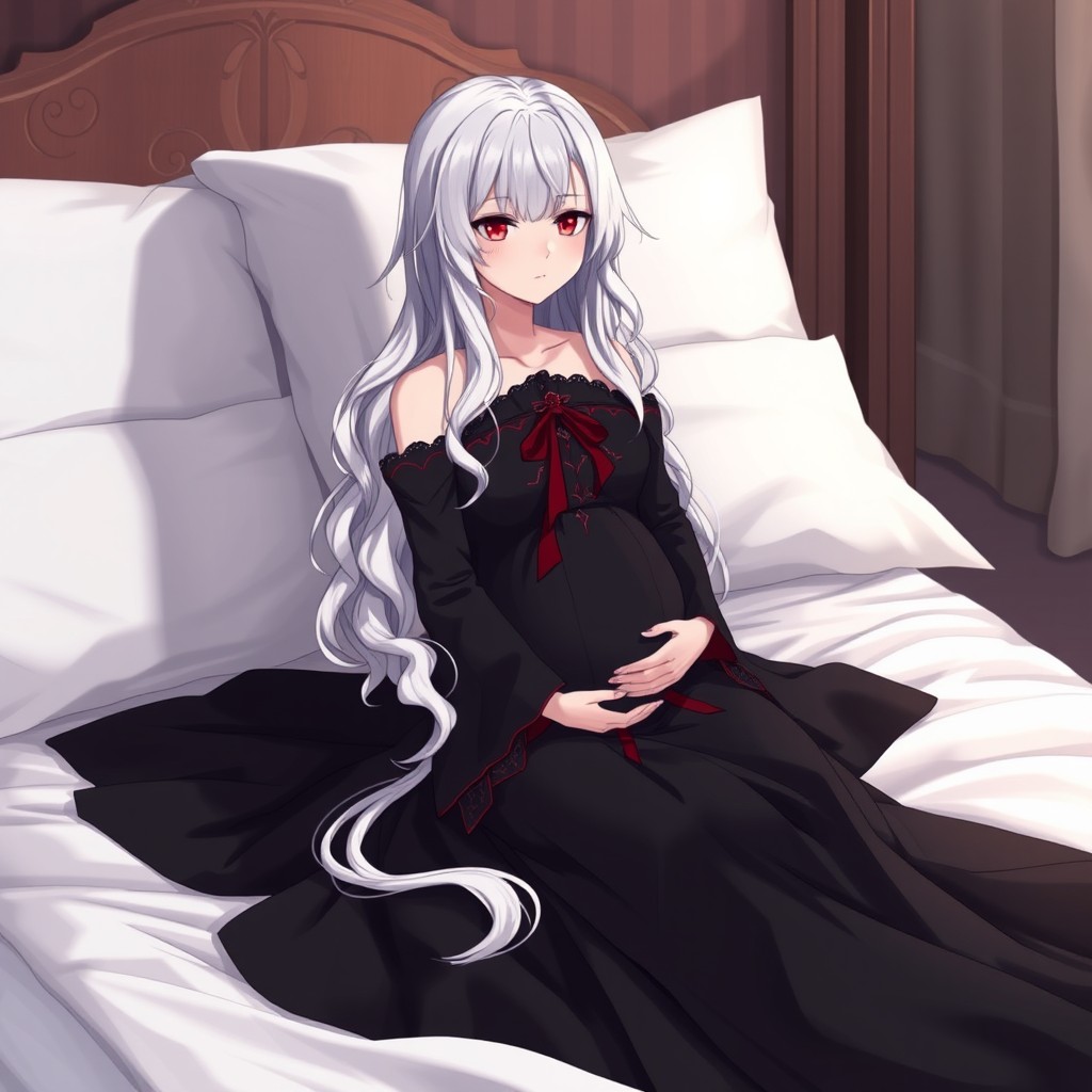 Anime girl with long, medium wavy and straight white hair and red eyes, wearing a large, long black dress with red details that exude a vampire vibe, sitting on a bed covered with soft white sheets
