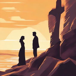 Craft a detailed illustration of a man gazing at a side-profile woman positioned on a rocky cliff, all bathed in the warm, golden light of a setting sun.