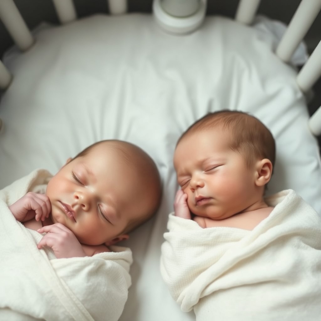 Two newborn baby girls lying peacefully in a crib with soft white sheets, both with their eyes closed