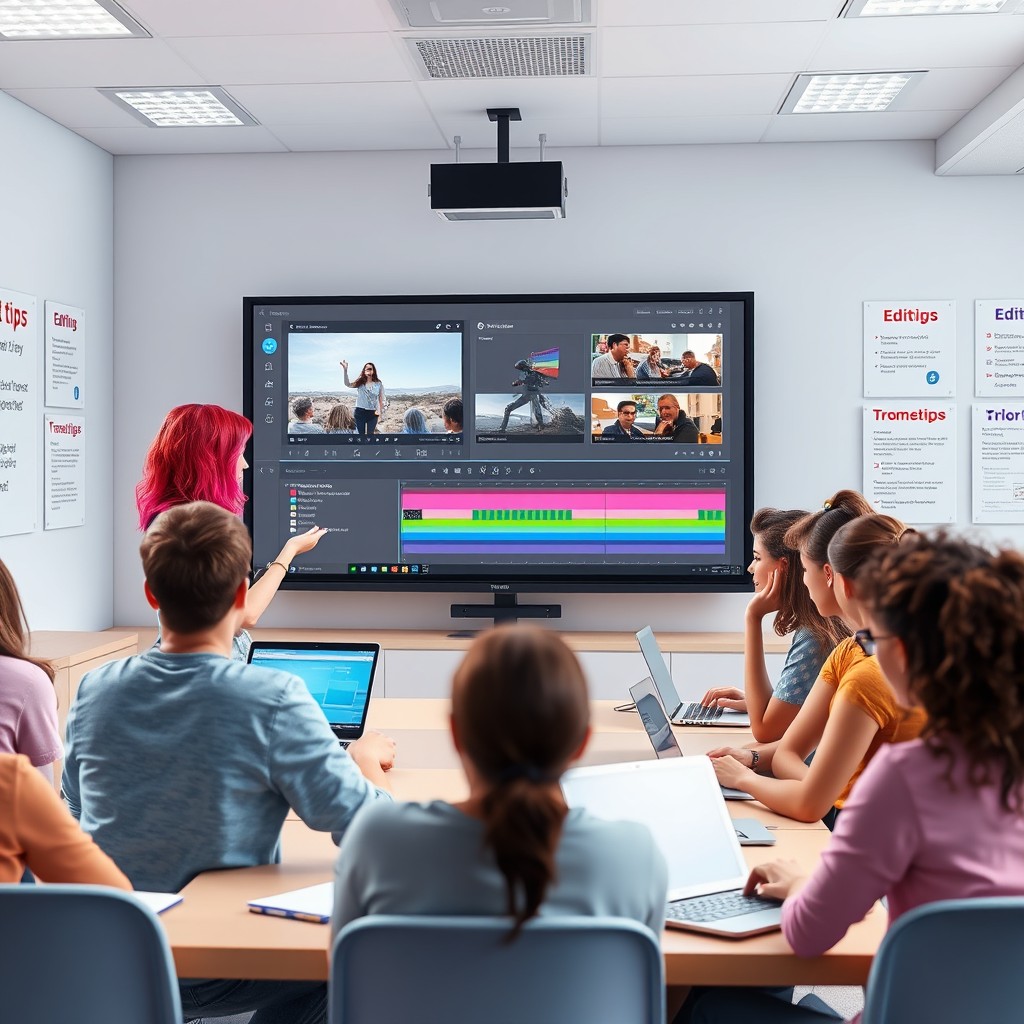 A digital art scene showcasing a virtual classroom environment where students are engaged in a CapCut tutorial