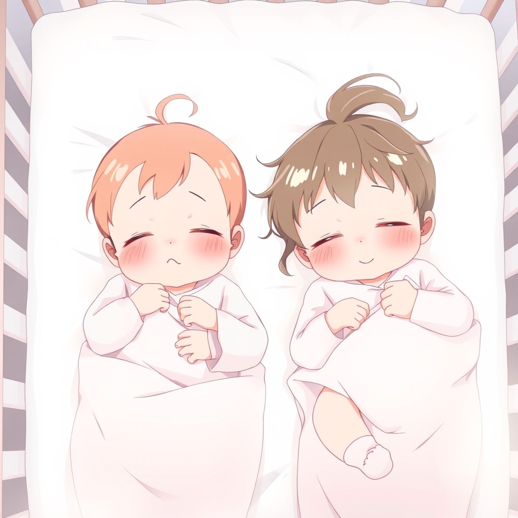 Two anime baby girls peacefully lying in a crib with soft white sheets, both with their eyes closed