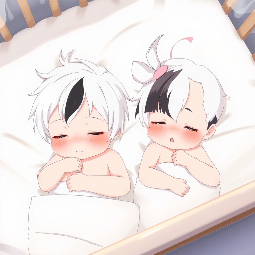 Two anime baby girls peacefully lying in a crib with soft white sheets, both with their eyes closed