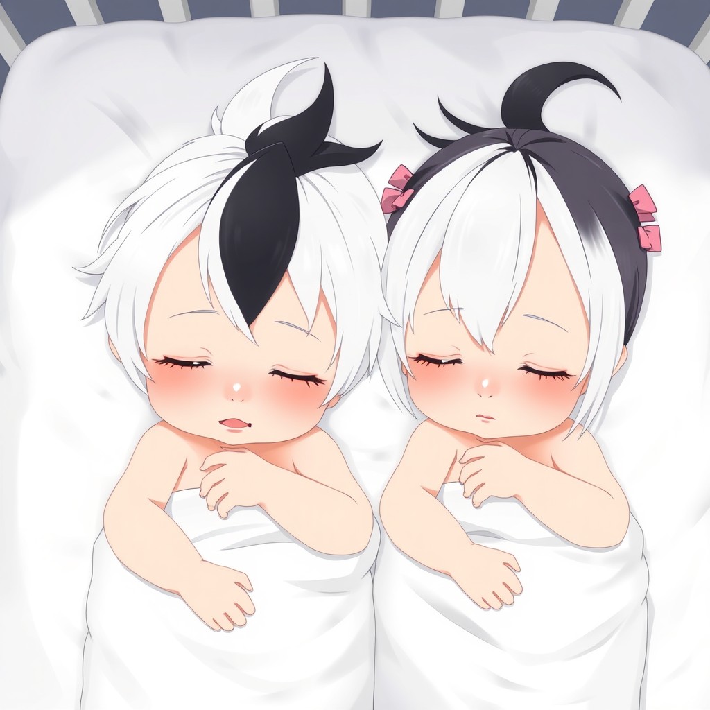 Two anime baby girls peacefully resting in a crib with soft white sheets, both with their eyes closed