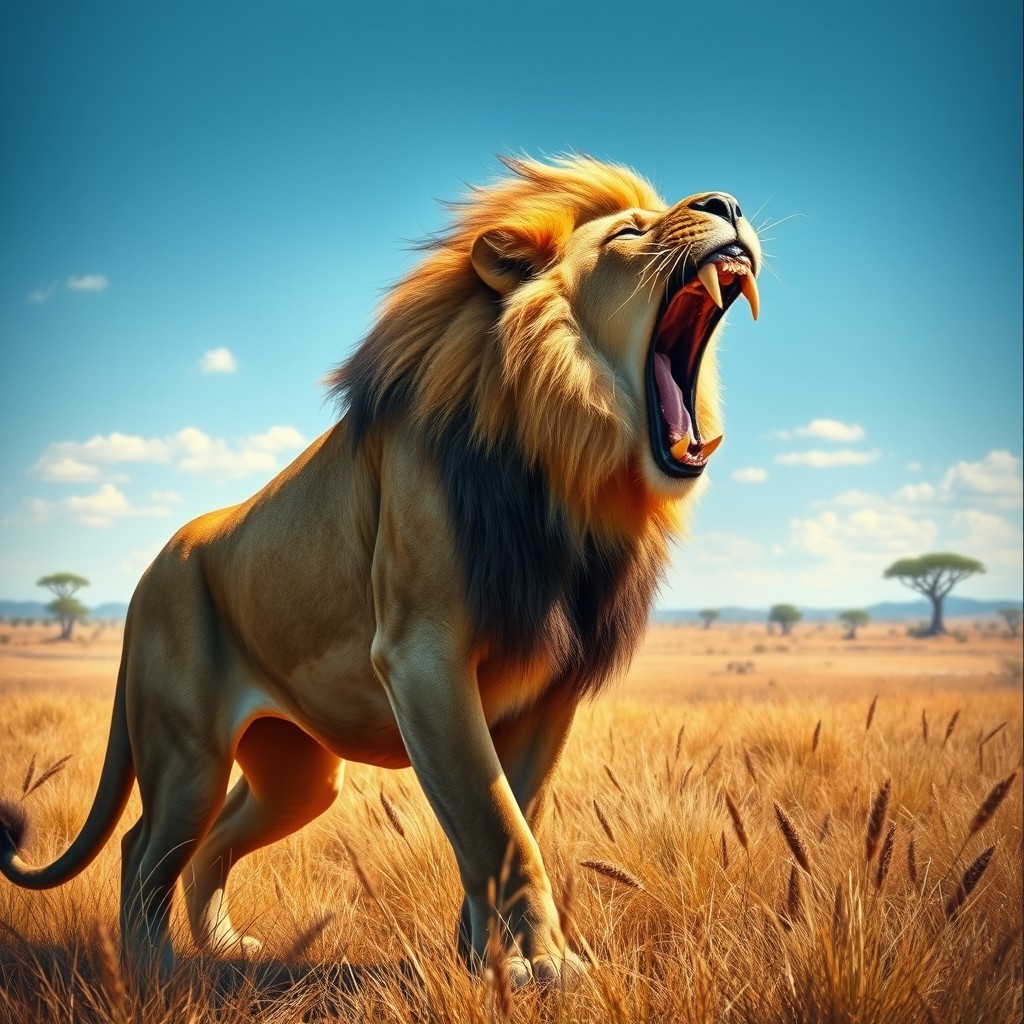 A realistic depiction of a lion in a battle stance, capturing the raw power and majesty of this magnificent creature
