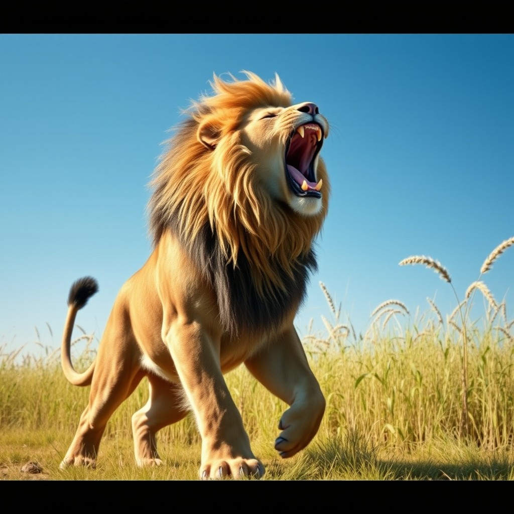 A realistic lion in a powerful battle stance, roaring majestically