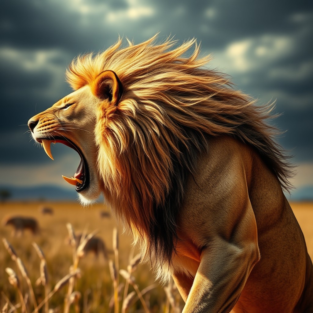 A realistic lion in a battle stance, roaring fiercely, captured in a dynamic side view