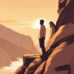 Craft a detailed illustration of a man gazing at a side-profile woman positioned on a rocky cliff, all bathed in the warm, golden light of a setting sun.