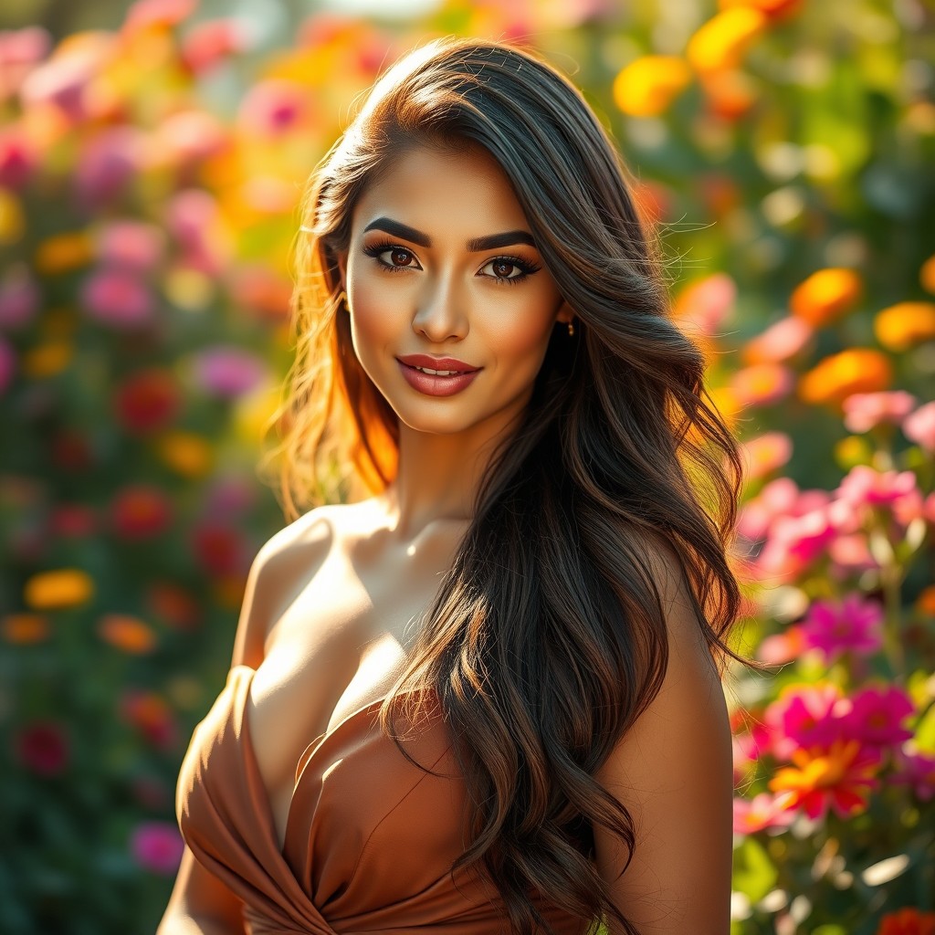 A stunning portrait of a confident and beautiful woman, with long flowing hair, wearing an elegant dress that highlights her features