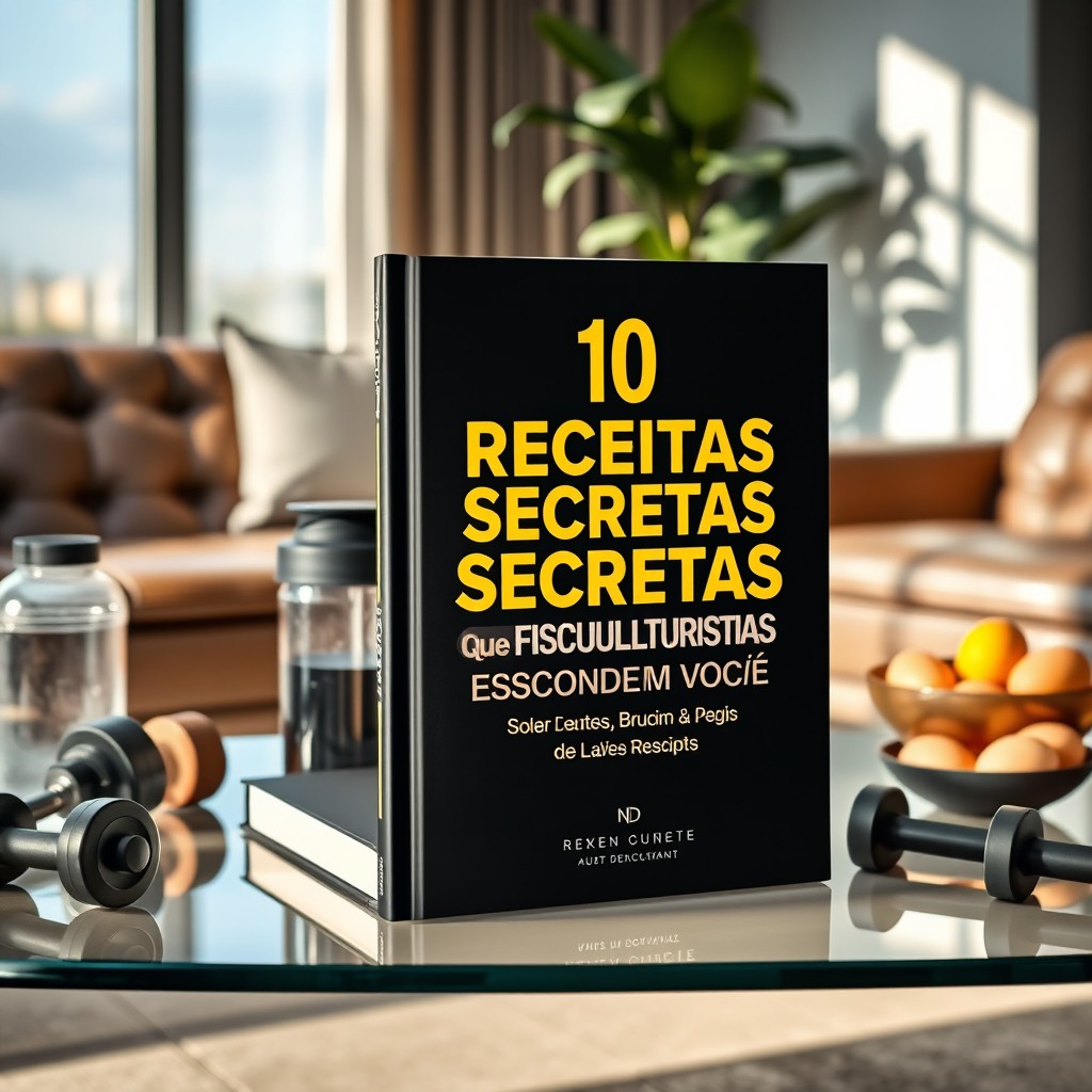 A modern e-book cover titled '10 Receitas Secretas que os Fisiculturistas Escondem de Você'