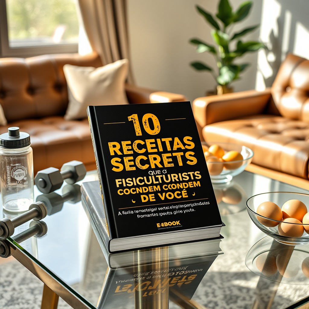 An e-book cover titled '10 Receitas Secretas que os Fisiculturistas Escondem de Você' resting on a modern glass table in a well-lit, sophisticated room