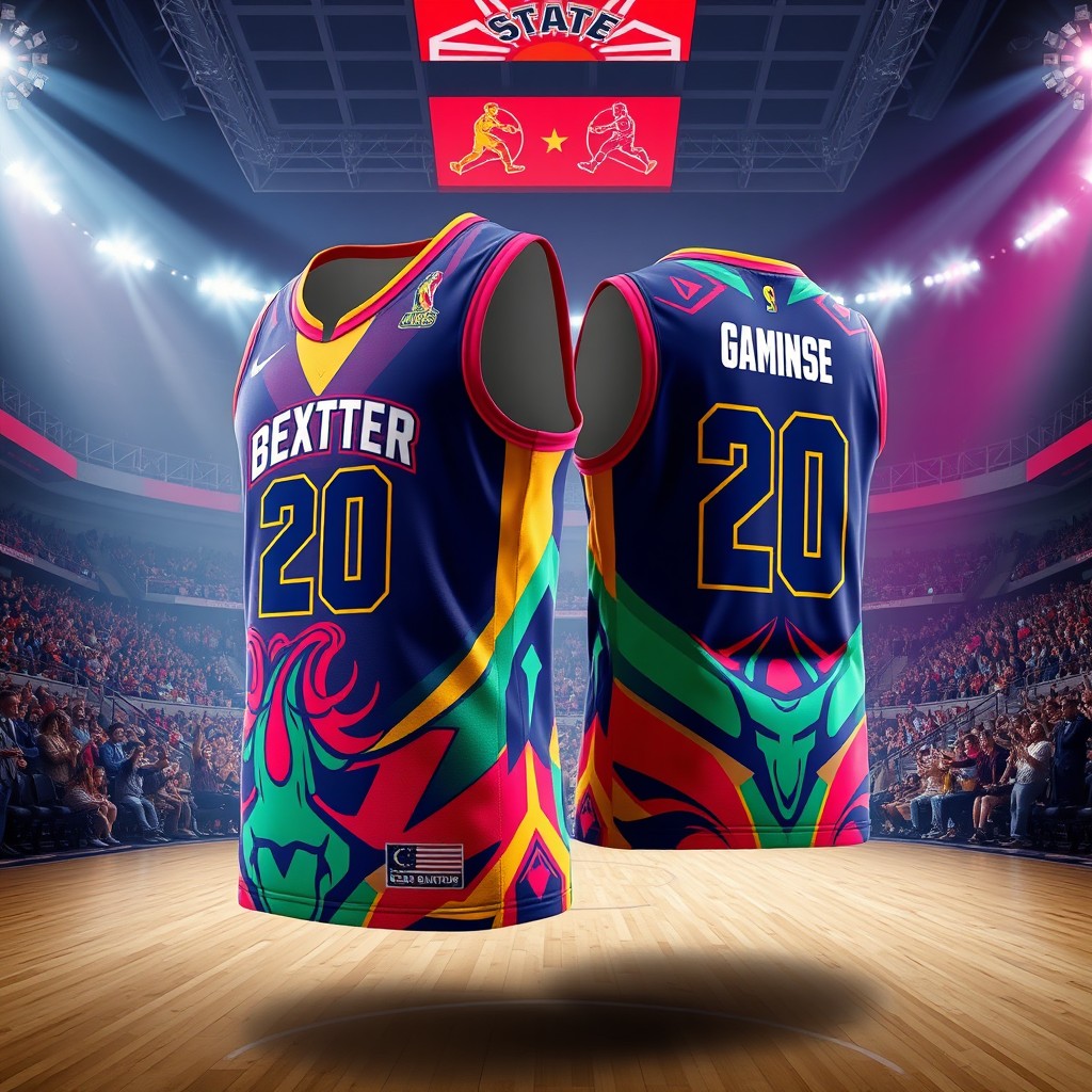 A stylish basketball jersey design featuring vibrant team colors, bold logos, and unique patterns