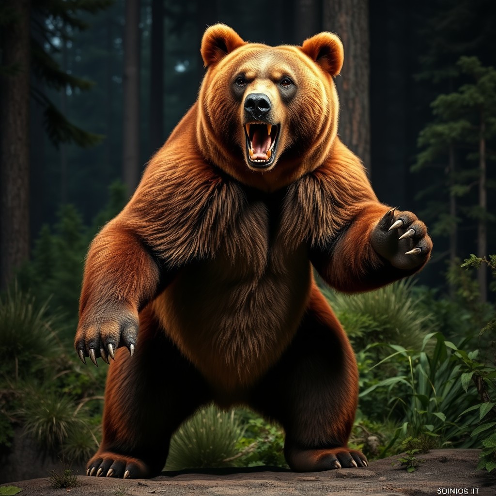 A lifelike grizzly bear standing upright in an aggressive pose, showcasing its muscular build and powerful stance