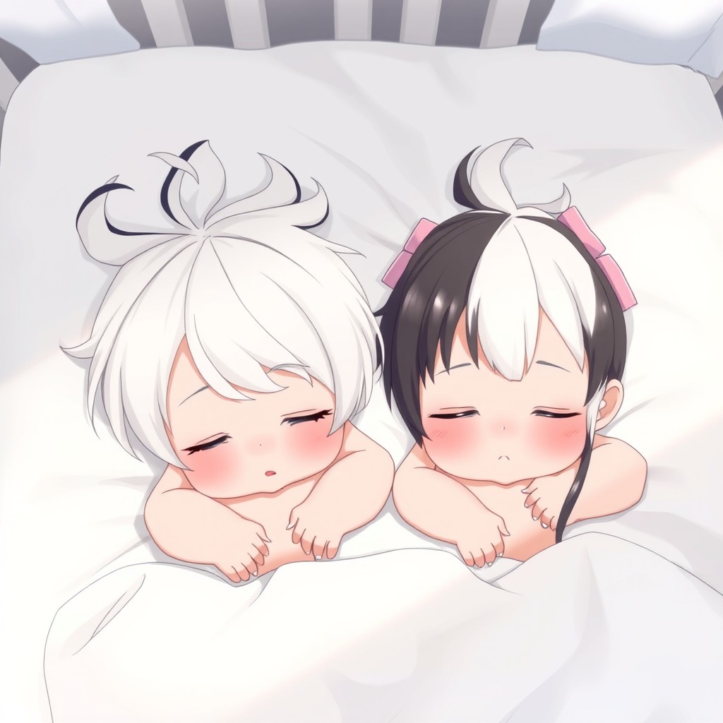 Two anime baby girls lying peacefully in a crib with soft white sheets, both with their eyes closed