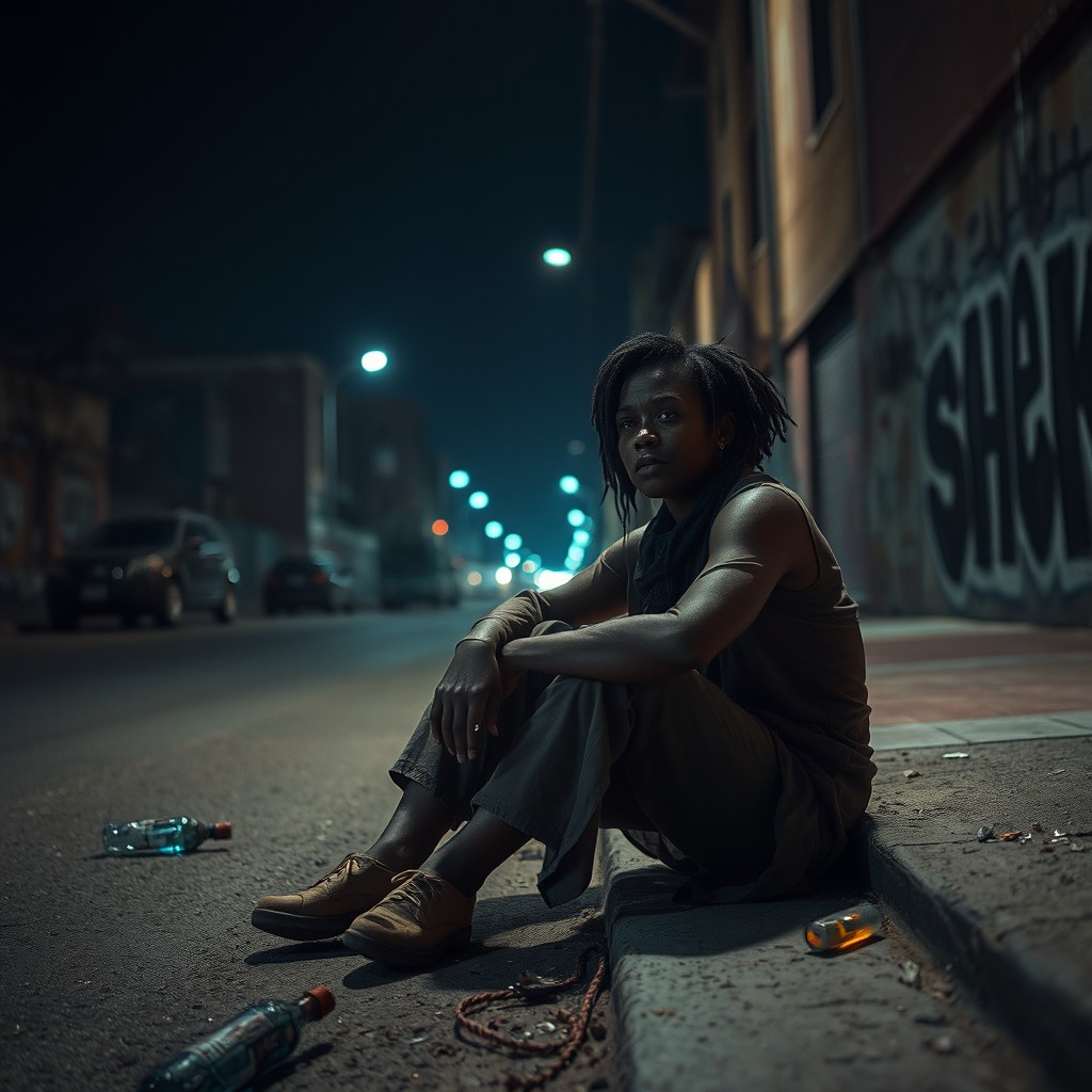 A cinematic image depicting an exhausted homeless young black woman sitting on the curb of a deserted urban street