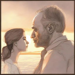 Compose a detailed drawing of a man observing a side-profiled woman in the soft, glowing light of a sunset.