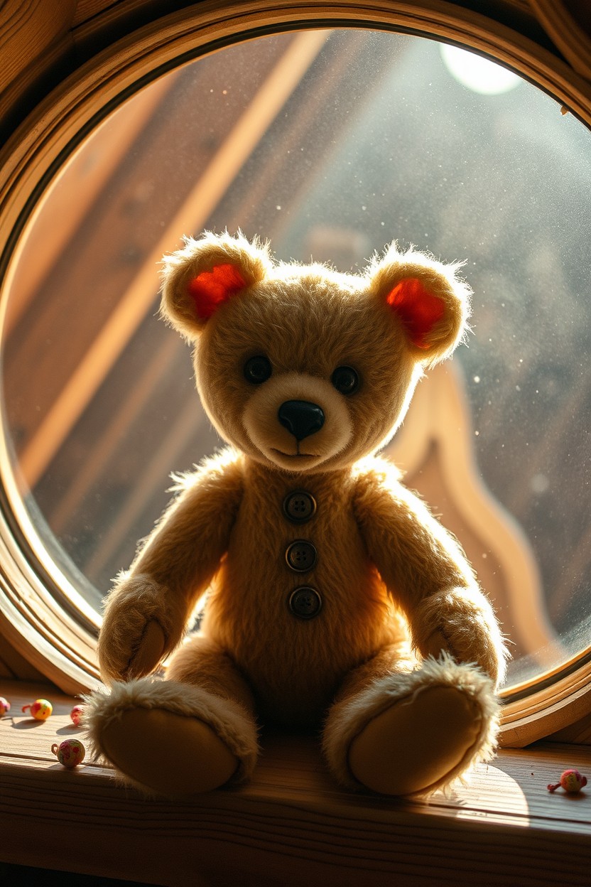 An antique mohair teddy bear with a vintage look, sitting adorably on a round attic window sill