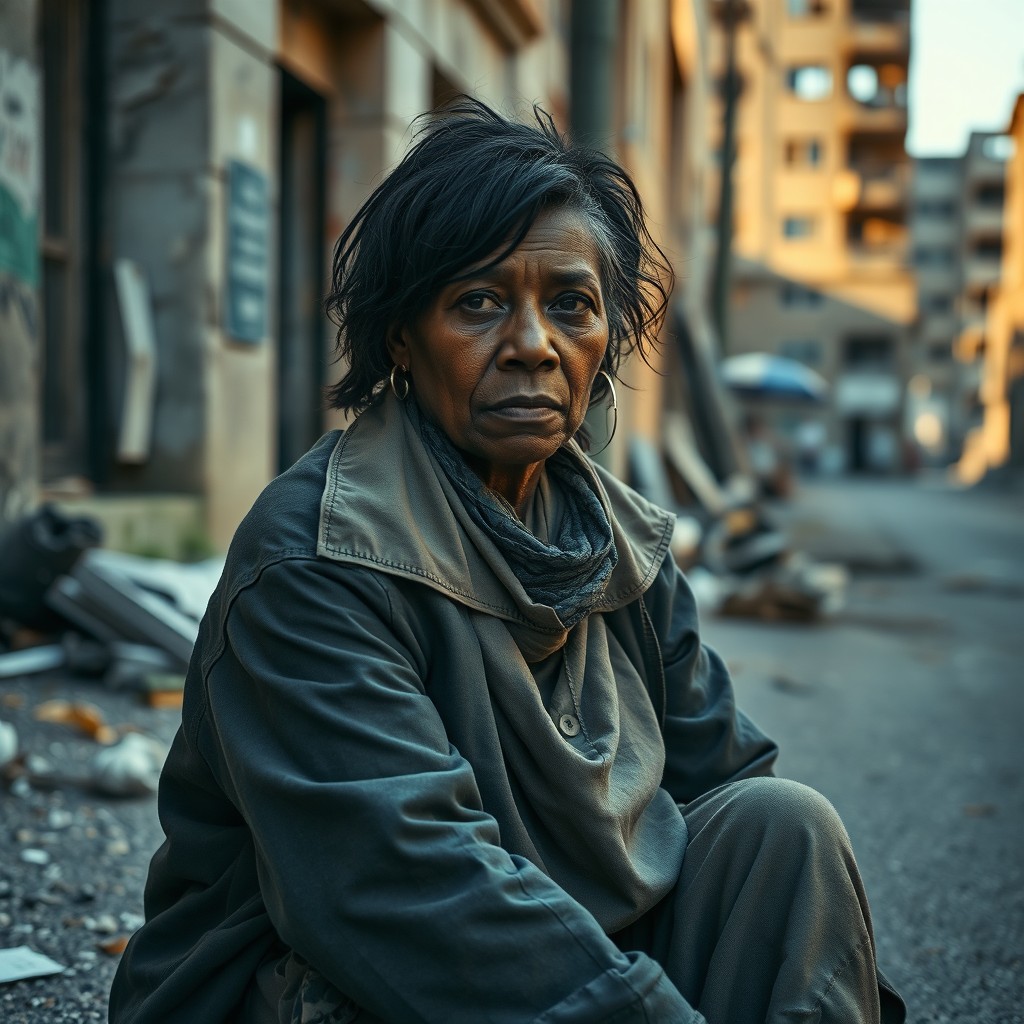 A cinematic image depicting a weary black homeless woman sitting on an abandoned urban street