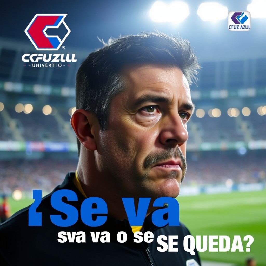 A close-up image of Vicente Sánchez looking serious and contemplative, set against a blurred background of the Estadio Olímpico Universitario illuminated at night