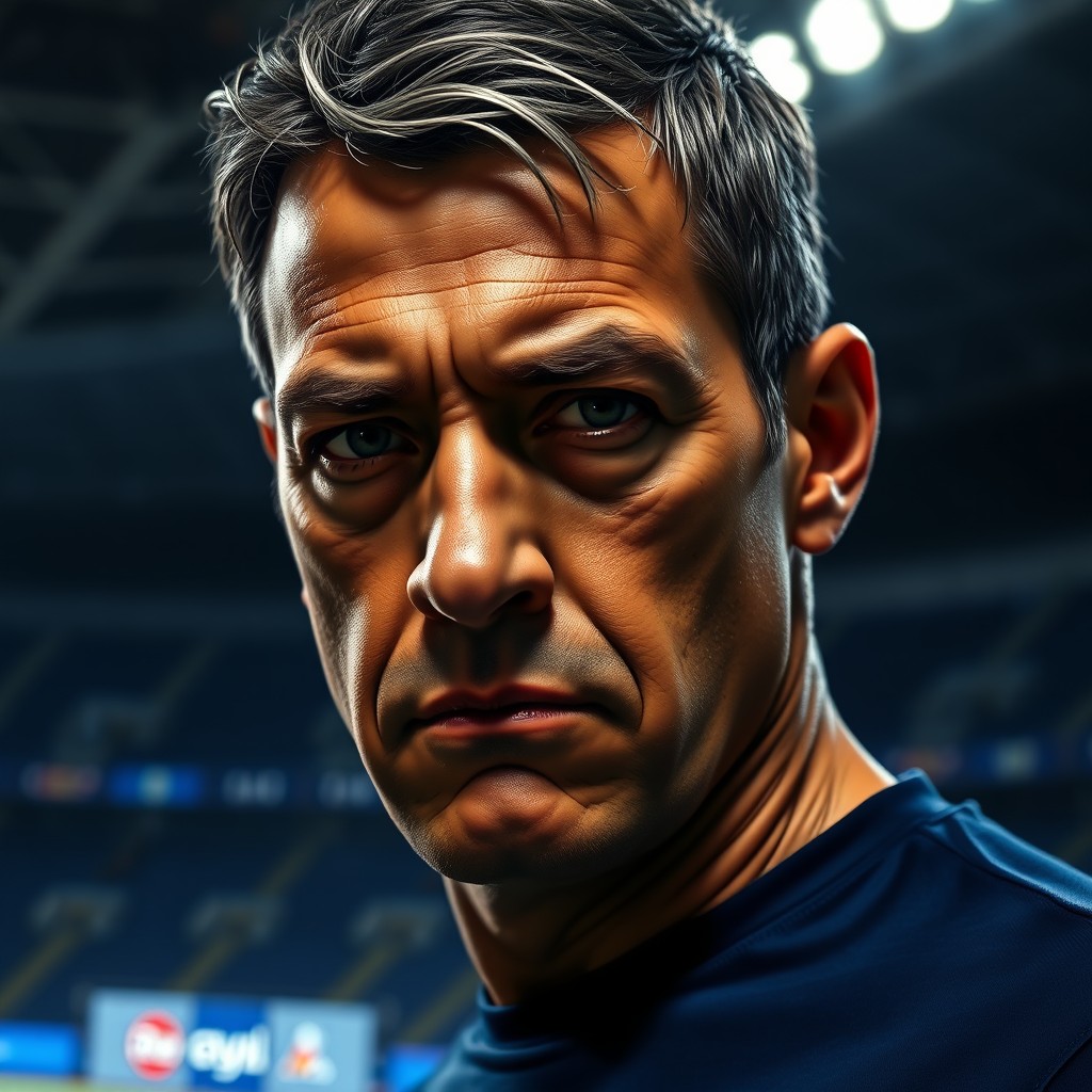 A hyper-realistic close-up of Vicente Sánchez, a man with light brown skin, short dark hair with gray strands, exhibiting an intense and serious gaze