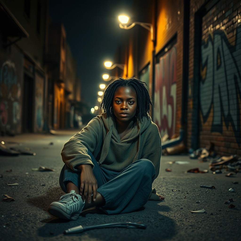 A cinematic scene featuring an exhausted young homeless Black woman sitting on the ground in an abandoned urban street at night