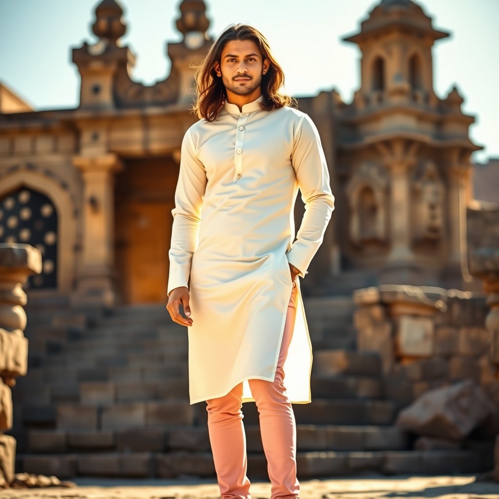 A 30-year-old man with long hair, wearing a fitted off-white kurti and baby pink tights, showcasing a stylish side slit that reveals his waist