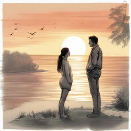 Compose a detailed drawing of a man observing a side-profiled woman in the soft, glowing light of a sunset.