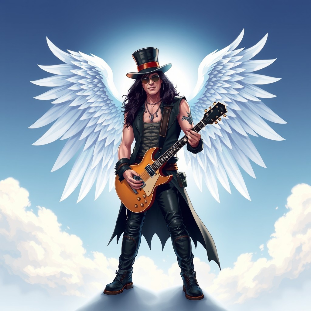 A powerful illustration of a character resembling Slash from Guns N' Roses, known for his iconic top hat and long black hair, but with majestic angelic wings spread wide behind him