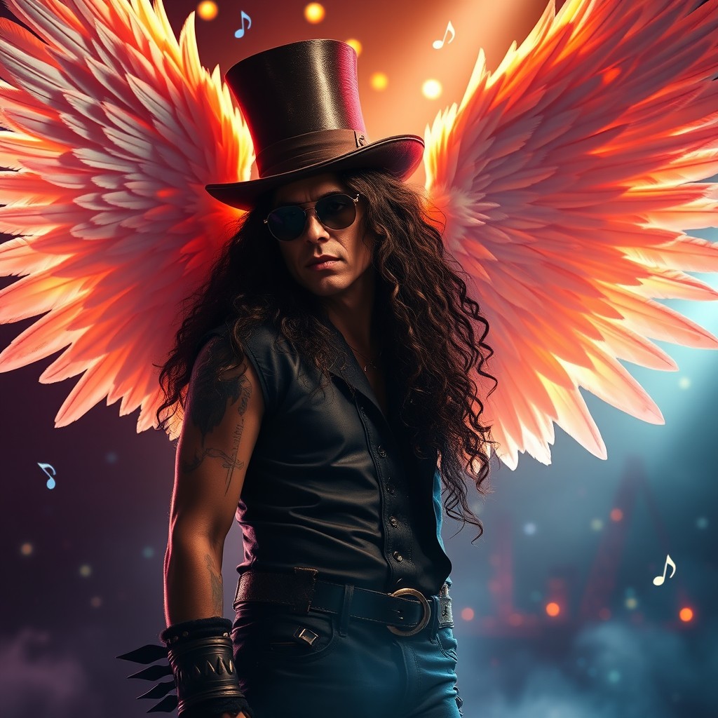 A stunning representation of a character resembling Slash from Guns N' Roses, featuring his iconic top hat and long curly hair, enhanced by majestic angelic wings that are intricately detailed with feathers
