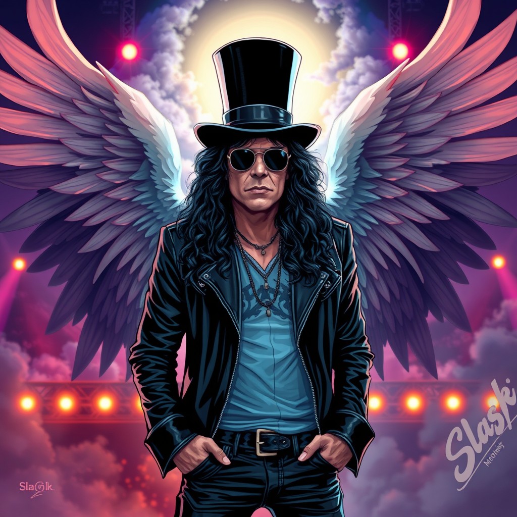 A dramatic and captivating illustration of Slash, the iconic guitarist from Guns N' Roses, depicted with majestic angelic wings