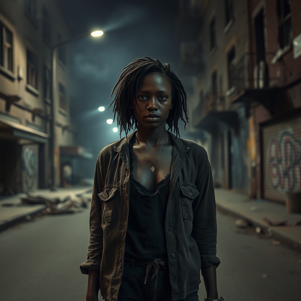 A cinematic image of an exhausted young homeless black woman standing alone on an abandoned urban street at night