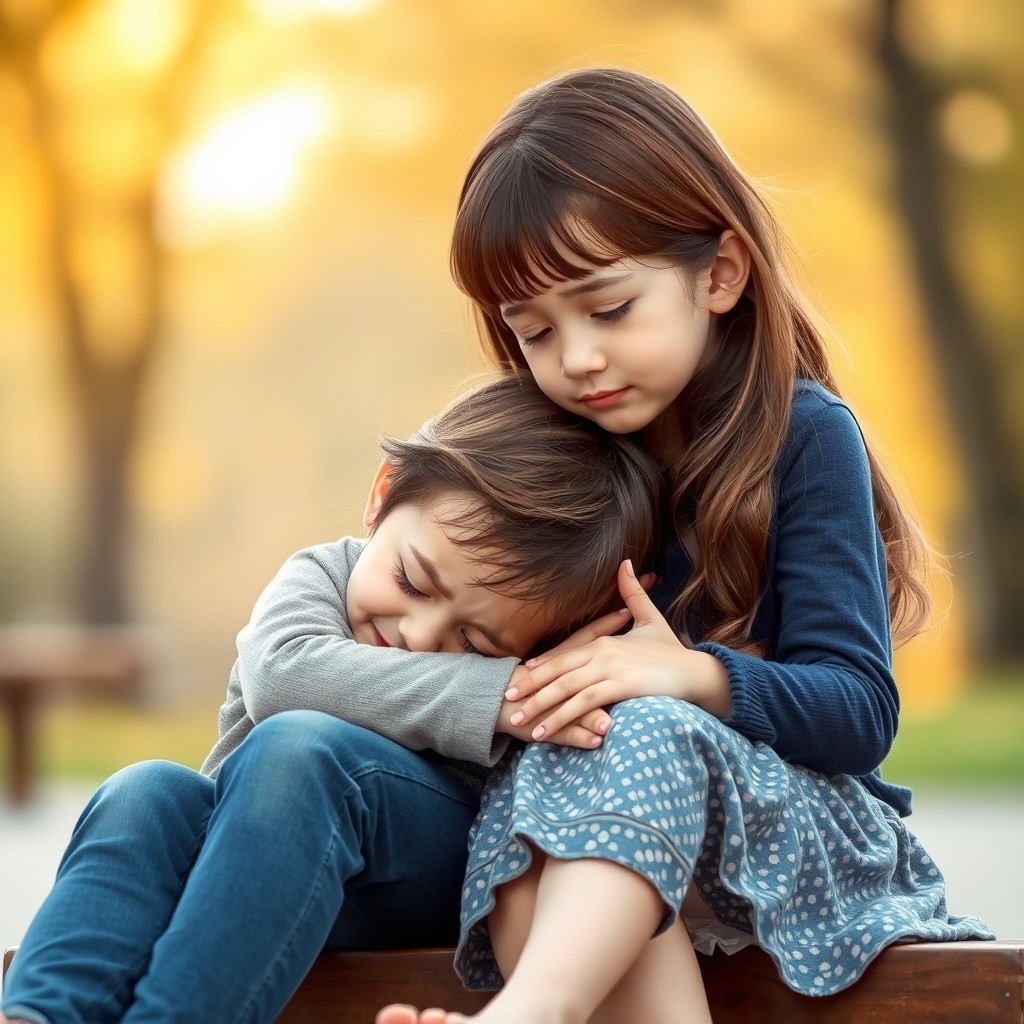 A touching scene depicting a boy sitting alone beside a girl, his head resting gently in her lap as he quietly cries