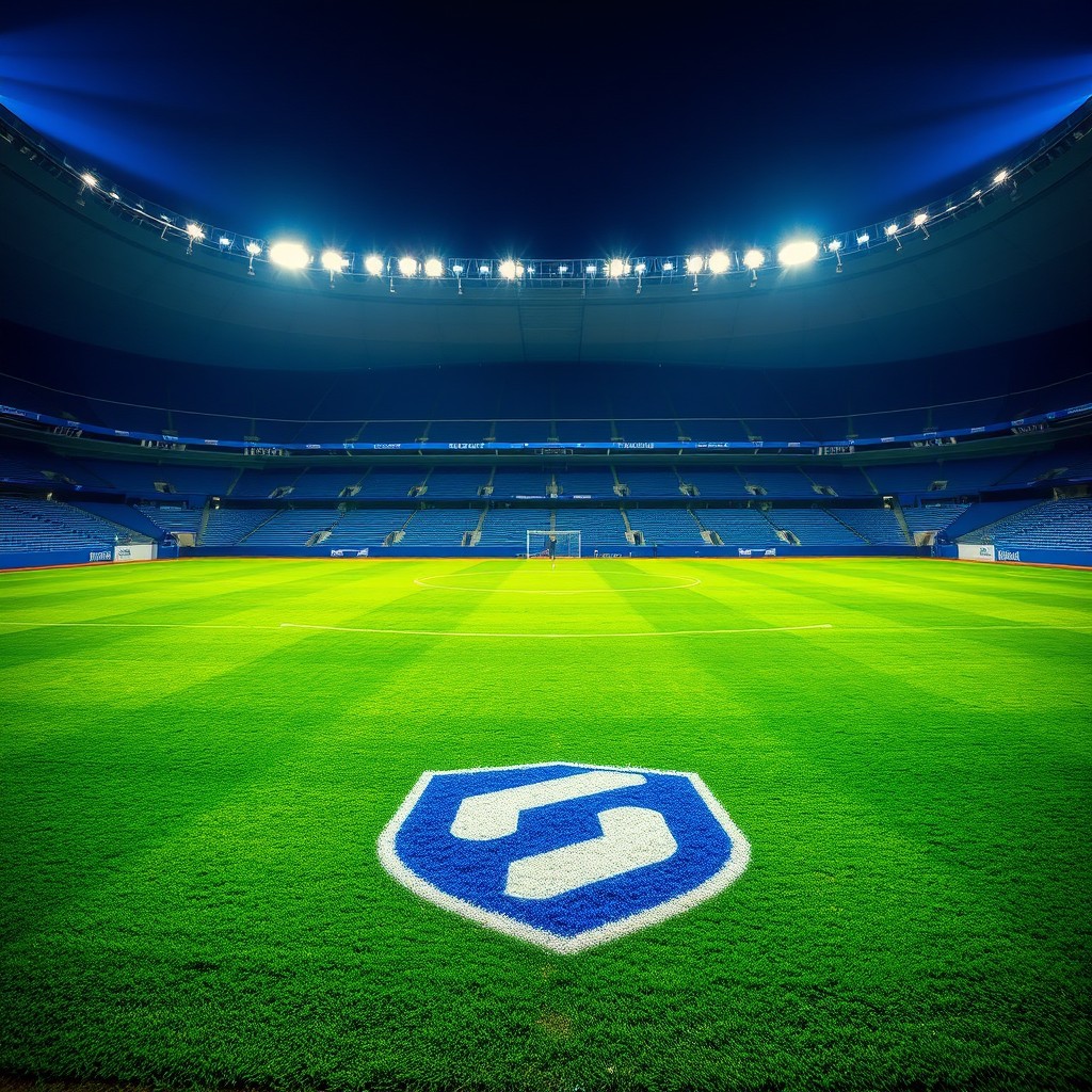 An illuminated night view of the Estadio Olímpico Universitario, focusing on the immaculate grass field where a giant Cruz Azul emblem is projected onto the pitch