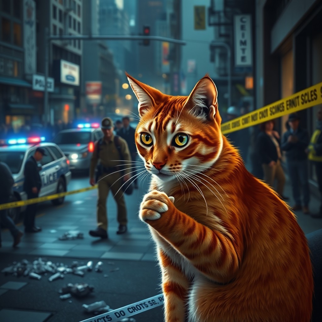 A ginger cat, sleek and sly, sitting in the shadows, attentively watching a bustling crime scene with police officers and detectives examining the area