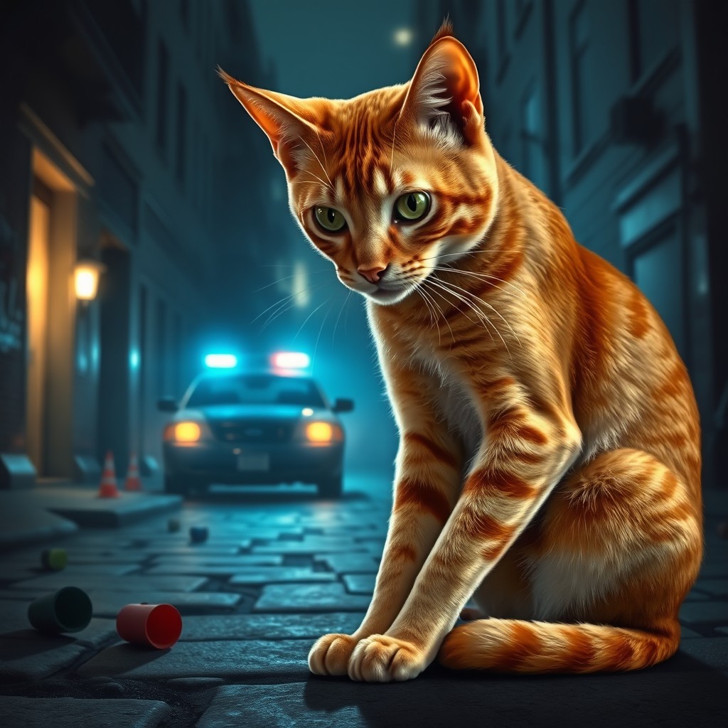 A ginger cat, sleek and elegant, sitting attentively while cleaning its paws at a dimly lit urban crime scene