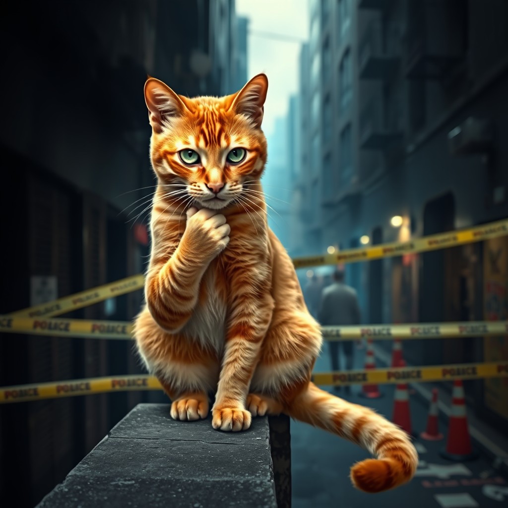 A clever and mischievous ginger cat, defined by its striking orange fur and expressive green eyes, is perched on a ledge overlooking a bustling crime scene
