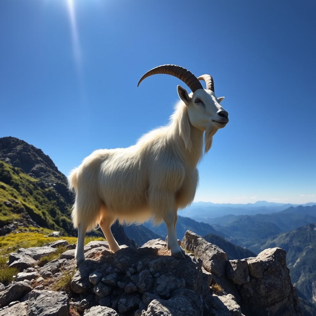 A majestic goat standing atop a rocky mountain peak, with lush greenery and a clear blue sky surrounding it