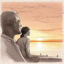 Compose a detailed drawing of a man observing a side-profiled woman in the soft, glowing light of a sunset.