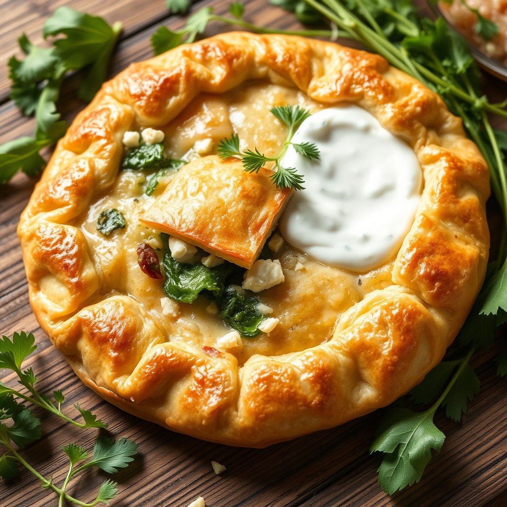 A delicious Greek dish called Spanakopita, featuring a flaky golden-brown phyllo pastry crust filled with a savory mixture of fresh spinach, feta cheese, onions, and herbs