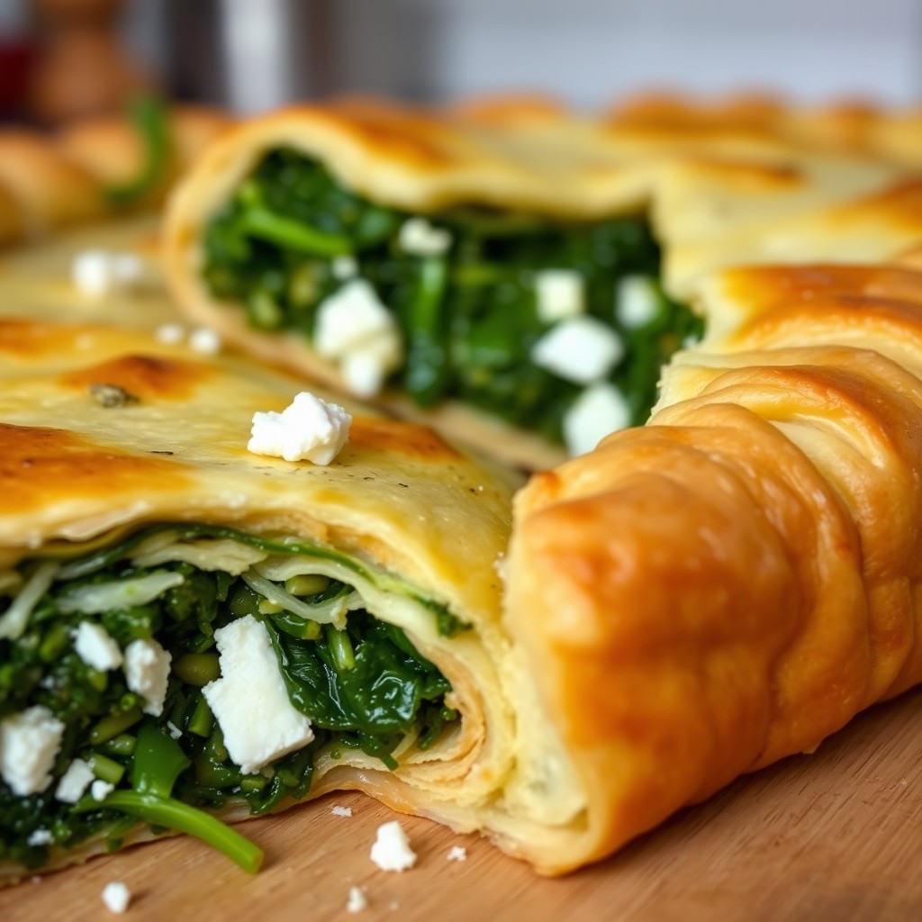 A detailed cross-section of a spanakopita, showcasing its flaky golden-brown pastry layers