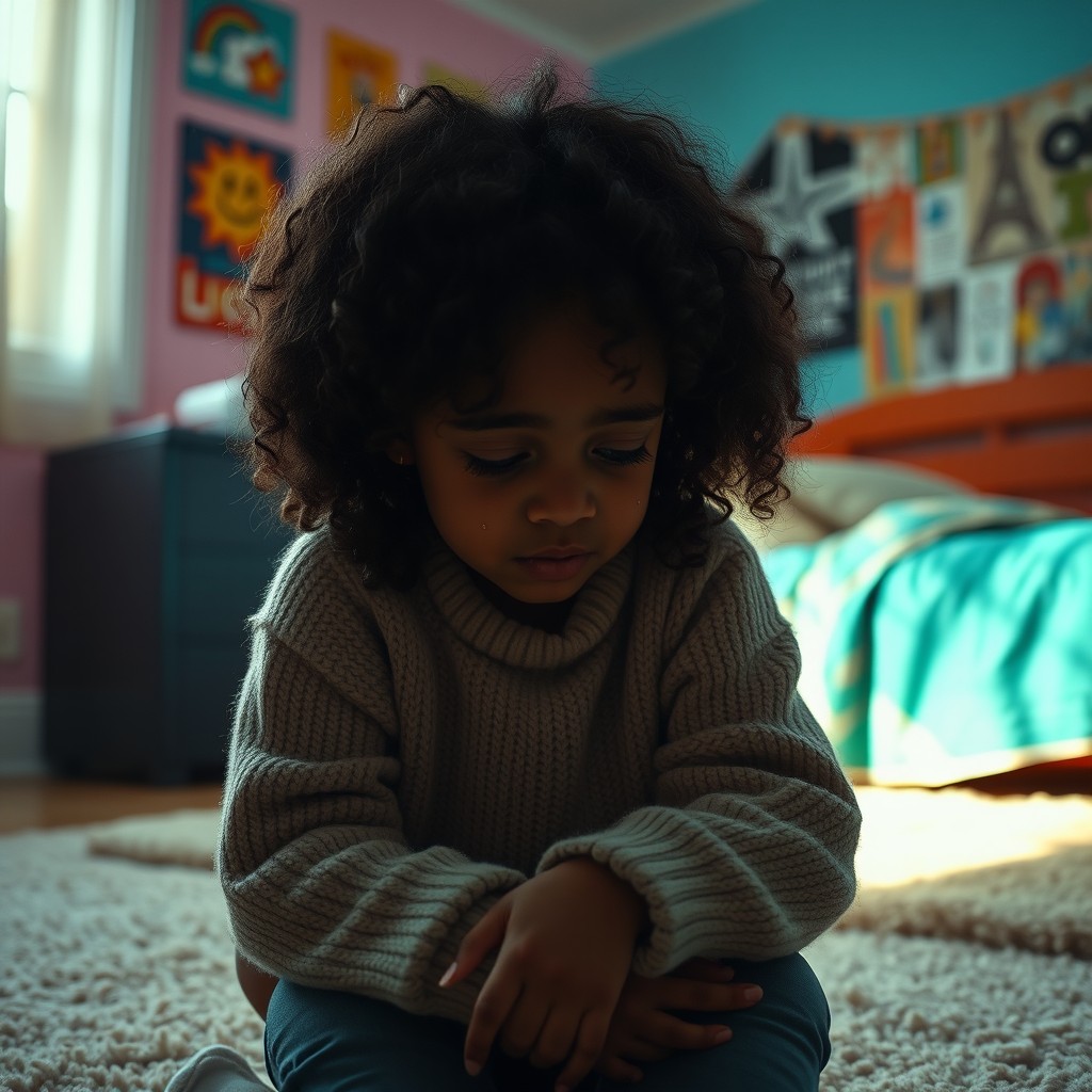 A cinematic image of a young black girl sitting on the floor of a cozy bedroom, surrounded by soft lighting