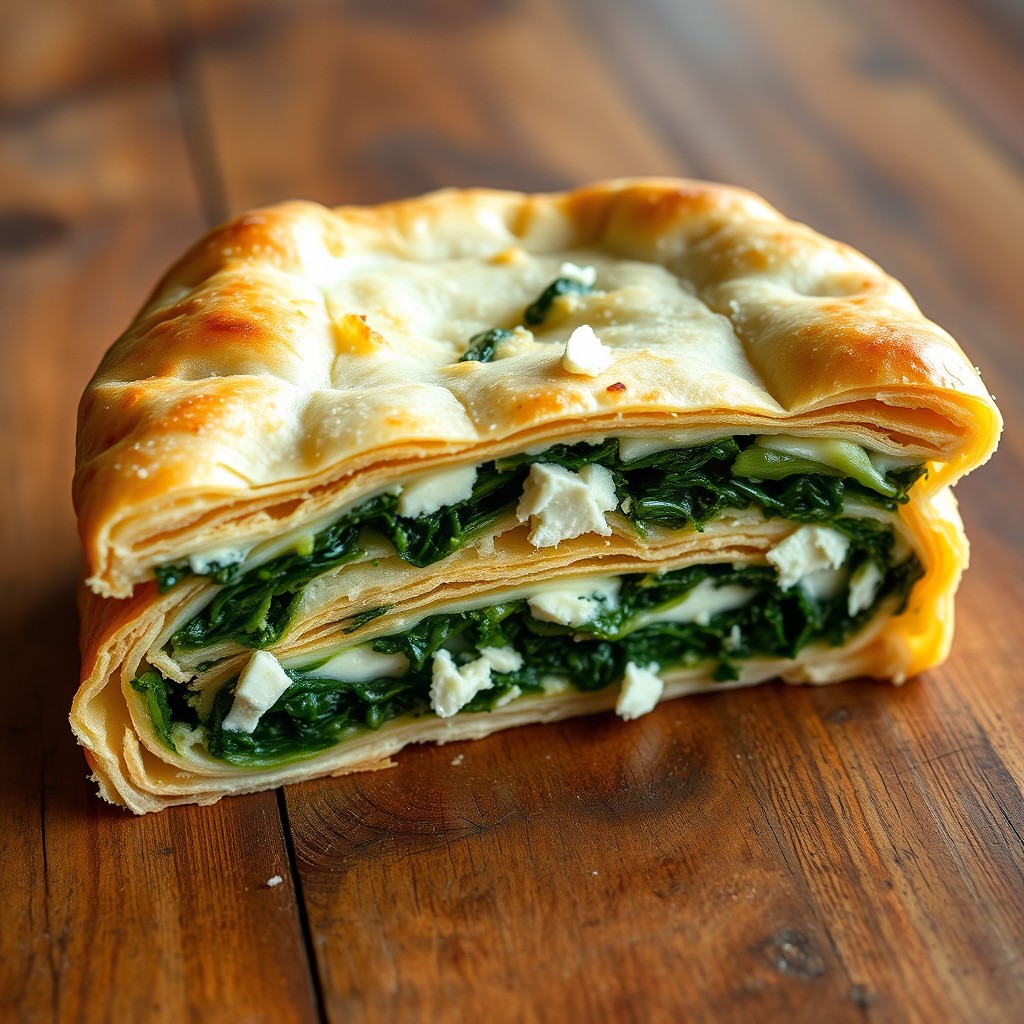 A cross-section view of a delicious Spanakopita pie, showcasing its flaky golden-brown pastry layers with a rich filling of spinach and feta cheese