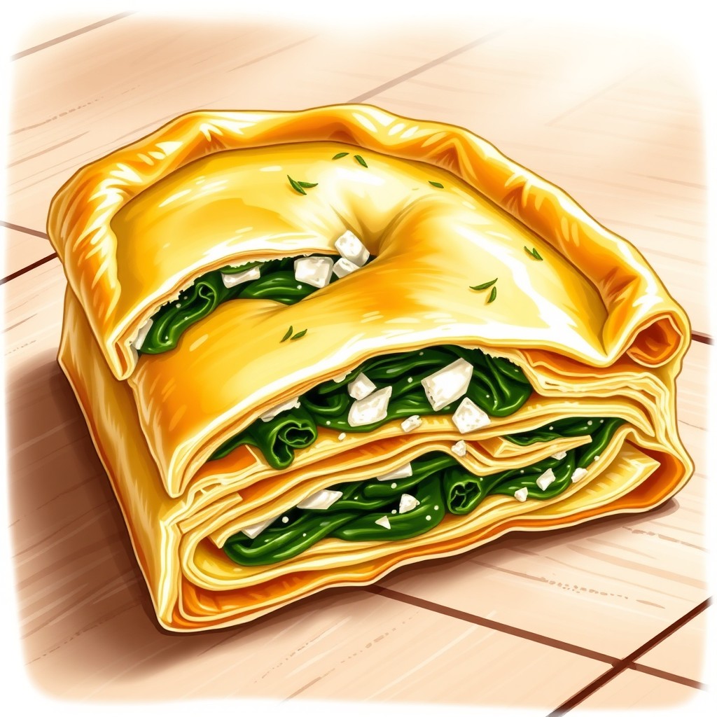 A detailed cross-section illustration of a spanakopita, showcasing the vibrant layers of phyllo dough and delectable filling made of spinach, feta cheese, and herbs