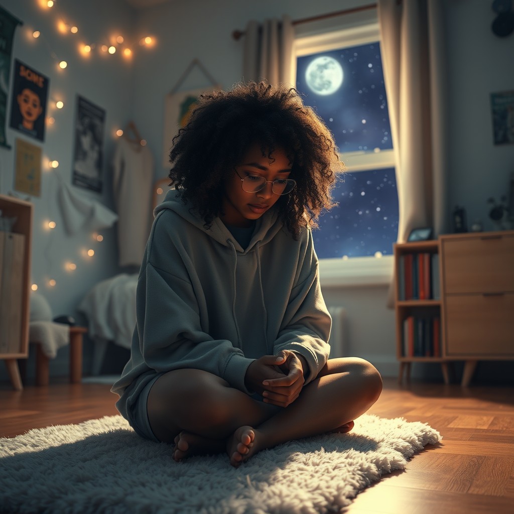 A cinematic scene depicting a teenage black girl sitting on the hardwood floor of her cozy bedroom, illuminated by soft moonlight streaming through a window
