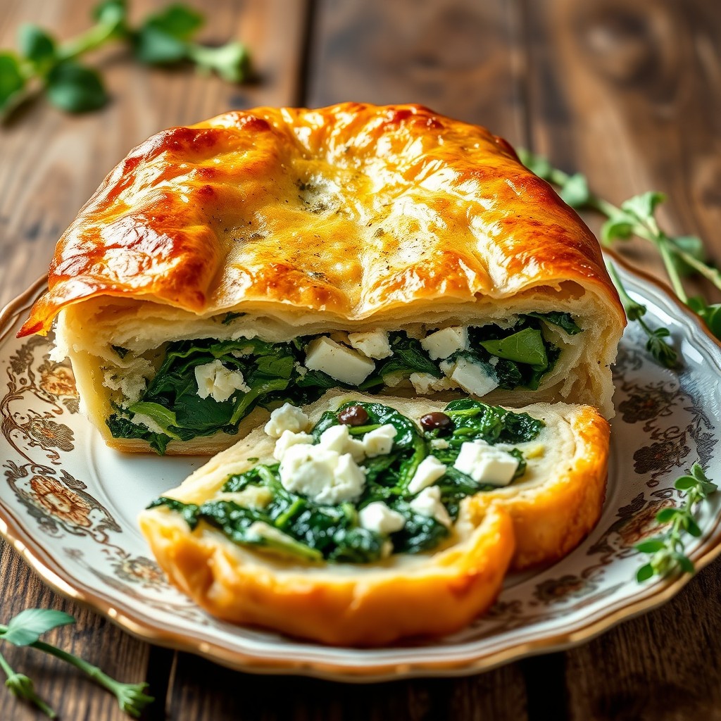 A detailed cross-section of a spanakopita, showcasing the layers of flaky phyllo pastry and a rich filling of spinach, feta cheese, and herbs