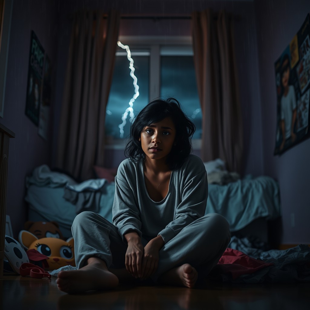 A cinematic scene capturing the emotional moment of a teenage black girl sitting on the floor of her bedroom, her face stained with tears as she cries