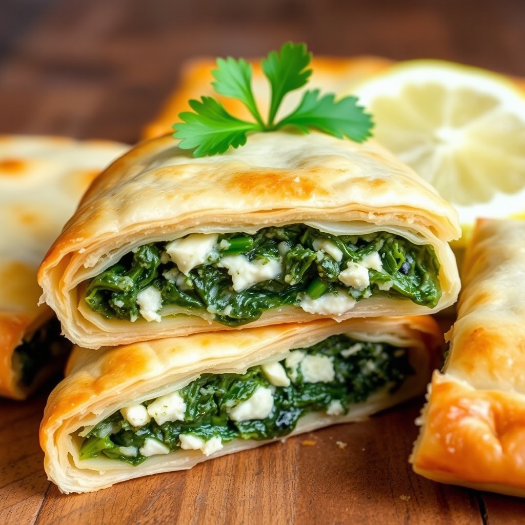 A detailed cross-section of a spanakopita, showcasing the layers of flaky phyllo pastry, a rich filling of spinach, feta cheese, and herbs, with the pastry golden brown and crispy