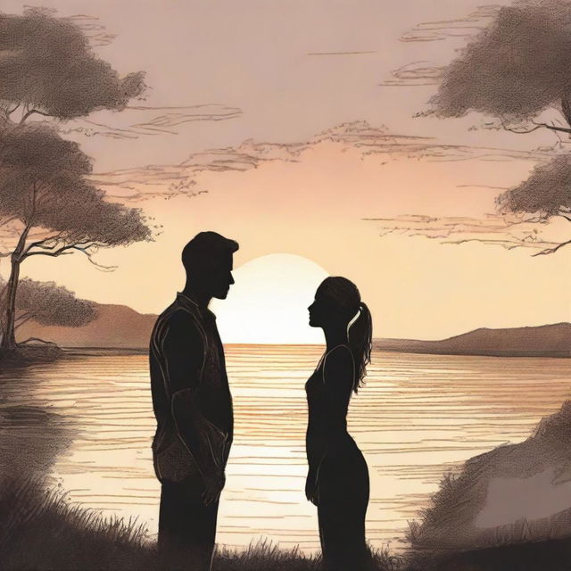 Compose a detailed drawing of a man observing a side-profiled woman in the soft, glowing light of a sunset.