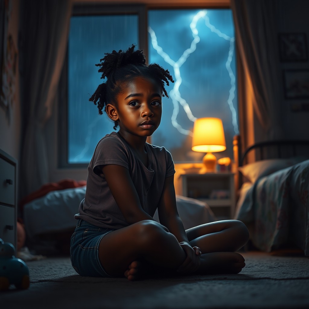 A 13 year old black teenage girl sitting on the floor of her bedroom, tears streaming down her face, looking vulnerable and emotional