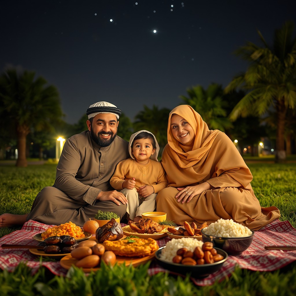 A small Omani family consisting of parents and two children, joyfully sitting together in a lush park during Eid el Adha at night